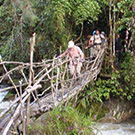 Carol Masheter crossing a stick bridge